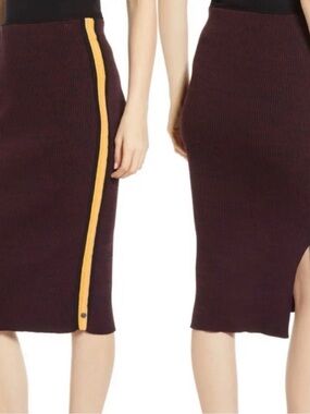 Scotch & Soda Burgundy Ribbed Midi Skirt with salmon and maroon Side Stripe